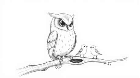 A heartwarming hand-drawn sketch in the style of Pixar portrays a blind owl with soft feathers and expressive eyes. Perched o