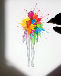 This hand-drawn sketch showcases a modern art style, featuring a vibrant and colorful splash pattern that coalesces to form a