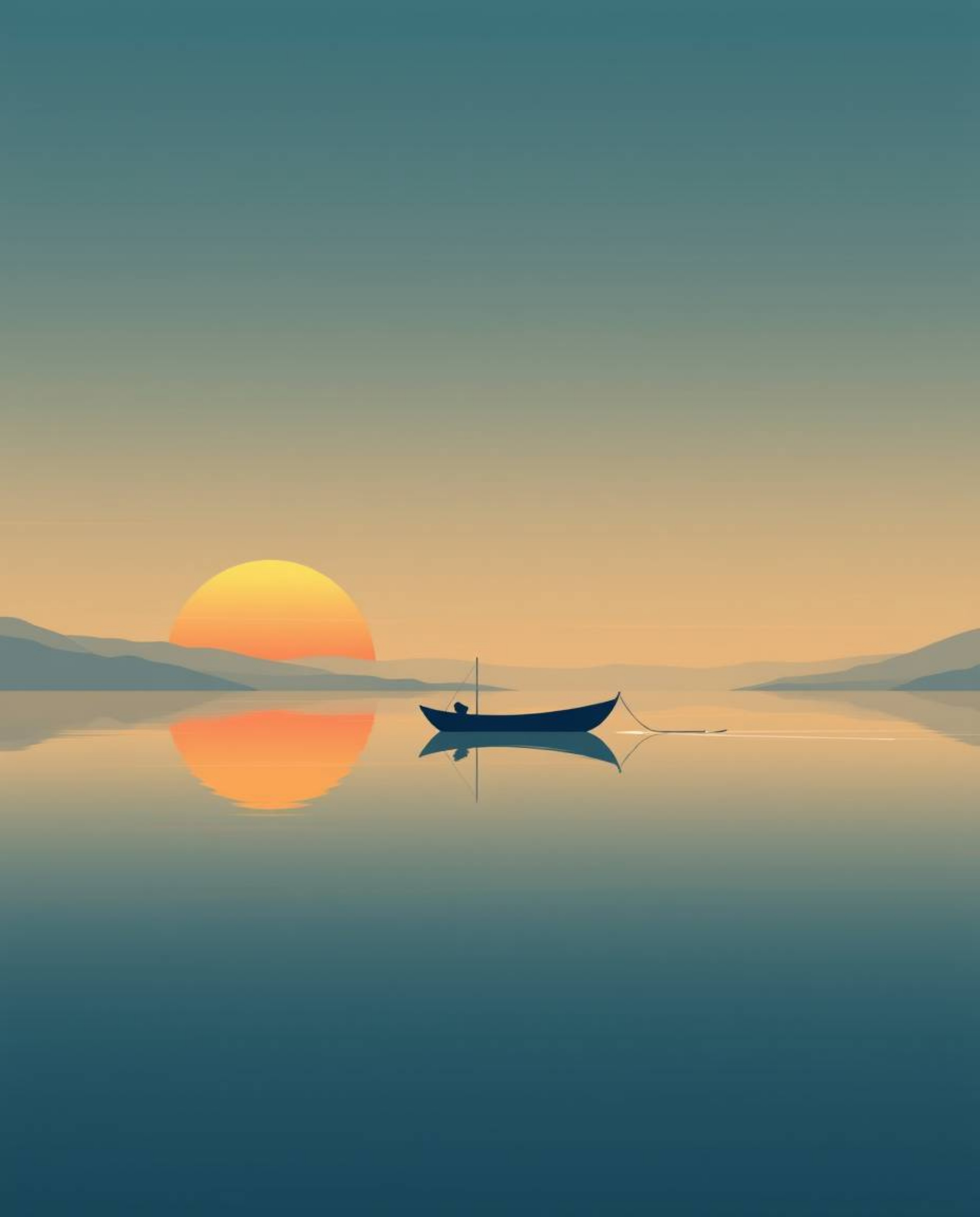 A modern flat design illustration depicts a boat drifting on a mystic, enchanting sunset lake. This artwork utilizes gentle c