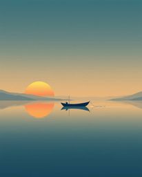 A modern flat design illustration depicts a boat drifting on a mystic, enchanting sunset lake. This artwork utilizes gentle c