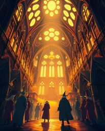 A captivating low-angle illustration showcases a radiant and luxurious magical school brimming with young wizards.  Bathed in