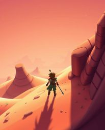 Embark on a captivating Disney-style desert adventure with a brave hero, beautifully rendered from a high-angle perspective.