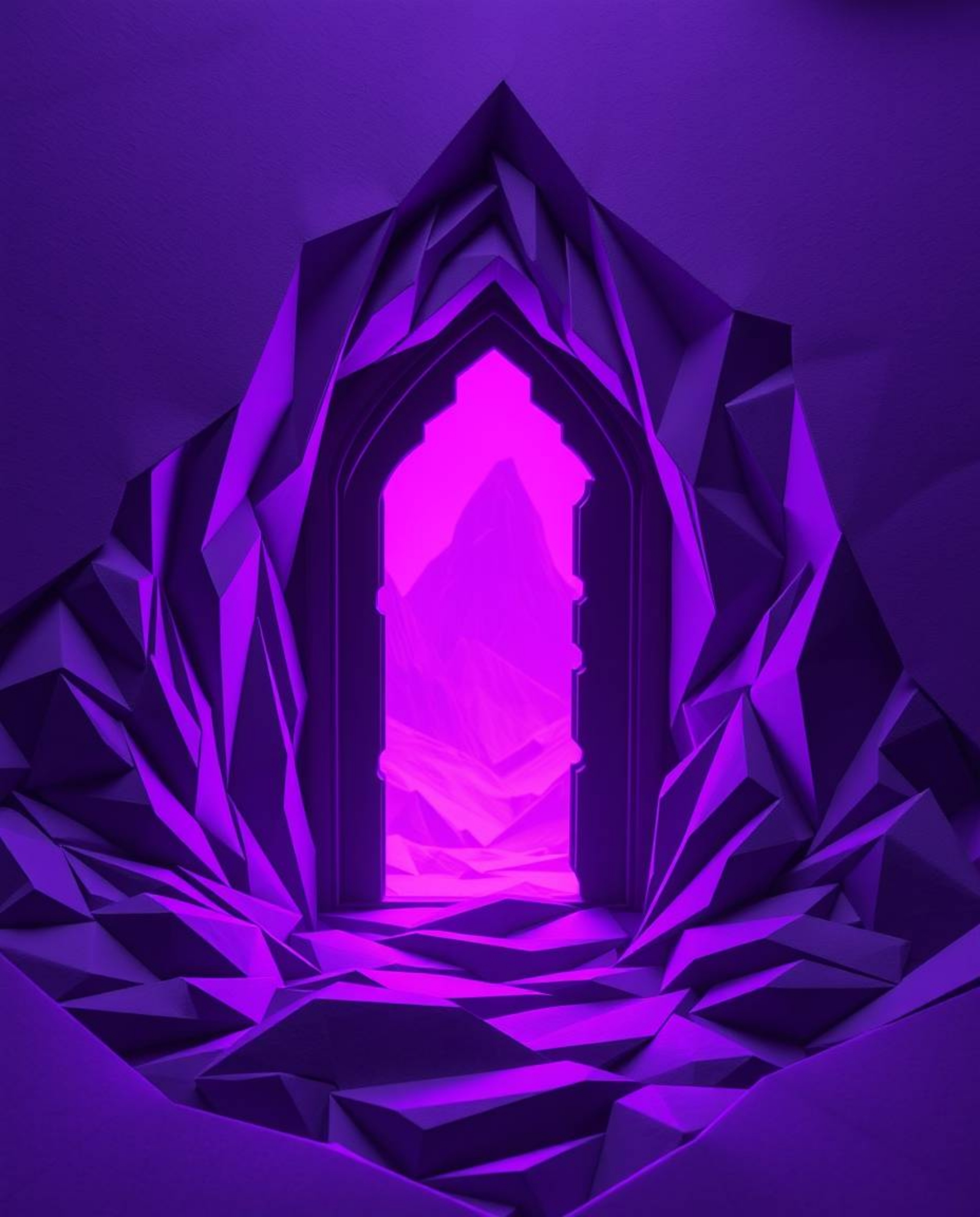 Explore a mesmerizing blend of intricate origami style and deep ultraviolet hues.  An ancient doorway, etched with glowing ru