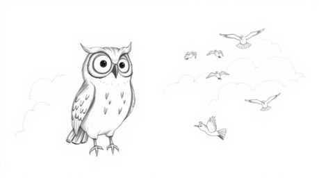A heartwarming, Pixar-esque hand-drawn sketch portrays a blind owl with gentle feathers and captivating eyes, selflessly guid