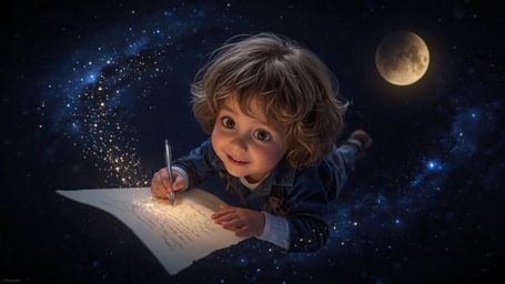 Immerse yourself in cosmic wonder with this vibrant, cinematic photograph reminiscent of Pixar's whimsical style. A young chi
