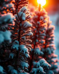 A tight close-up shot captures the stunning interplay of warm terracotta and cool teal as sunset light sparkles on snowy pine