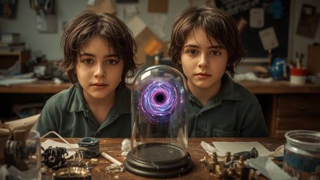 In a vibrant, cinematic photograph with a whimsical Pixar-inspired style, two enthusiastic teenage science fair participants 