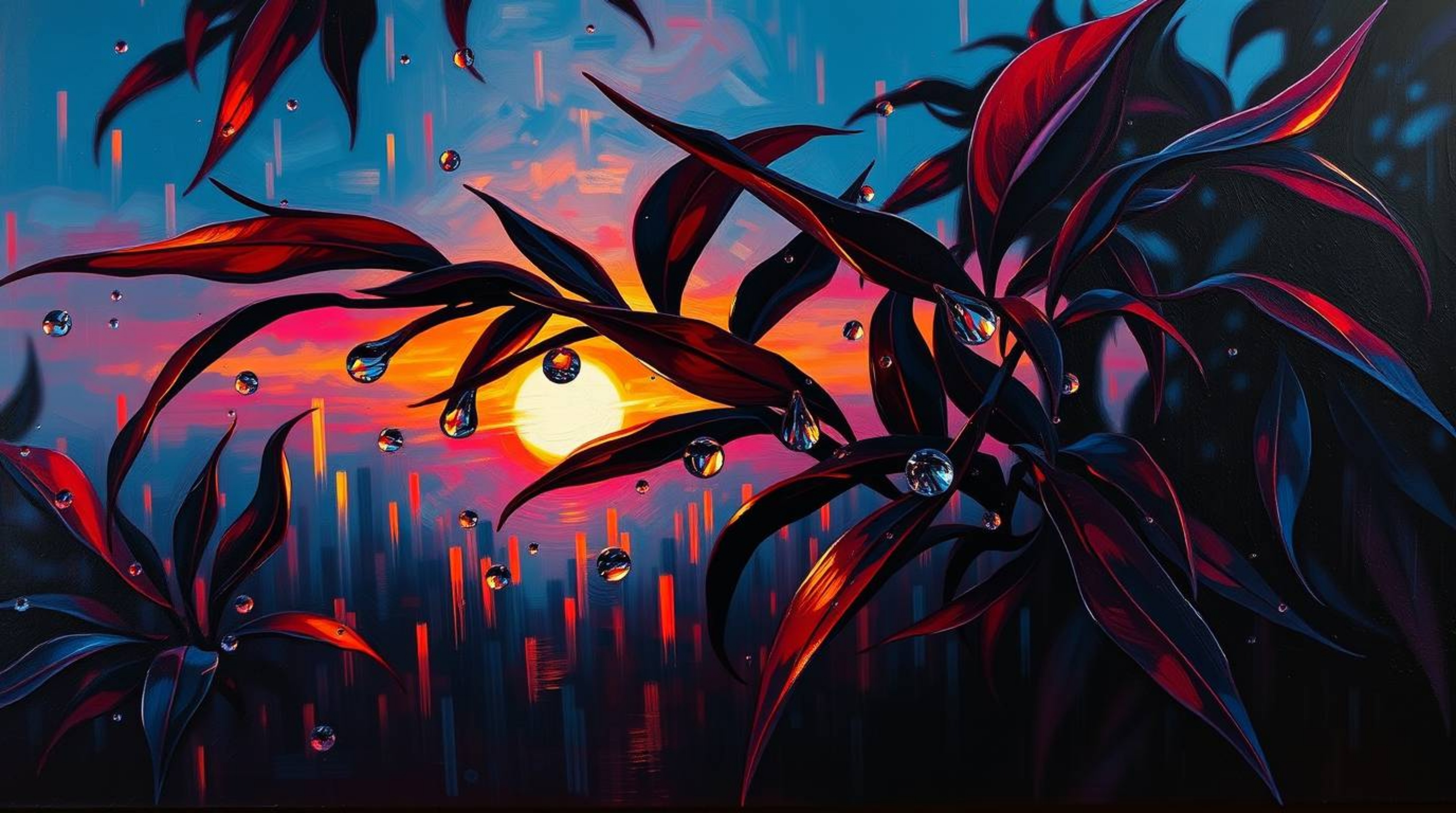 An oil painting capturing the breathtaking beauty of a sunset reflected in raindrops clinging to leaves. The artwork showcase