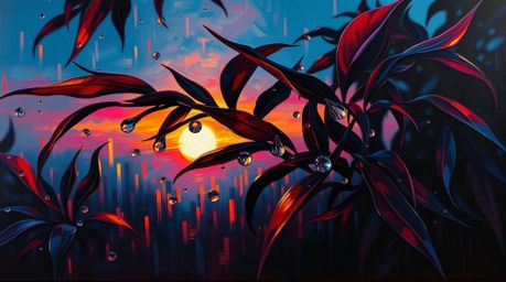 An oil painting capturing the breathtaking beauty of a sunset reflected in raindrops clinging to leaves. The artwork showcase