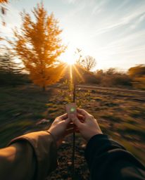 A captivating dynamic motion photograph depicts hands planting a tree beneath a breathtaking golden sky.  Warm autumnal color