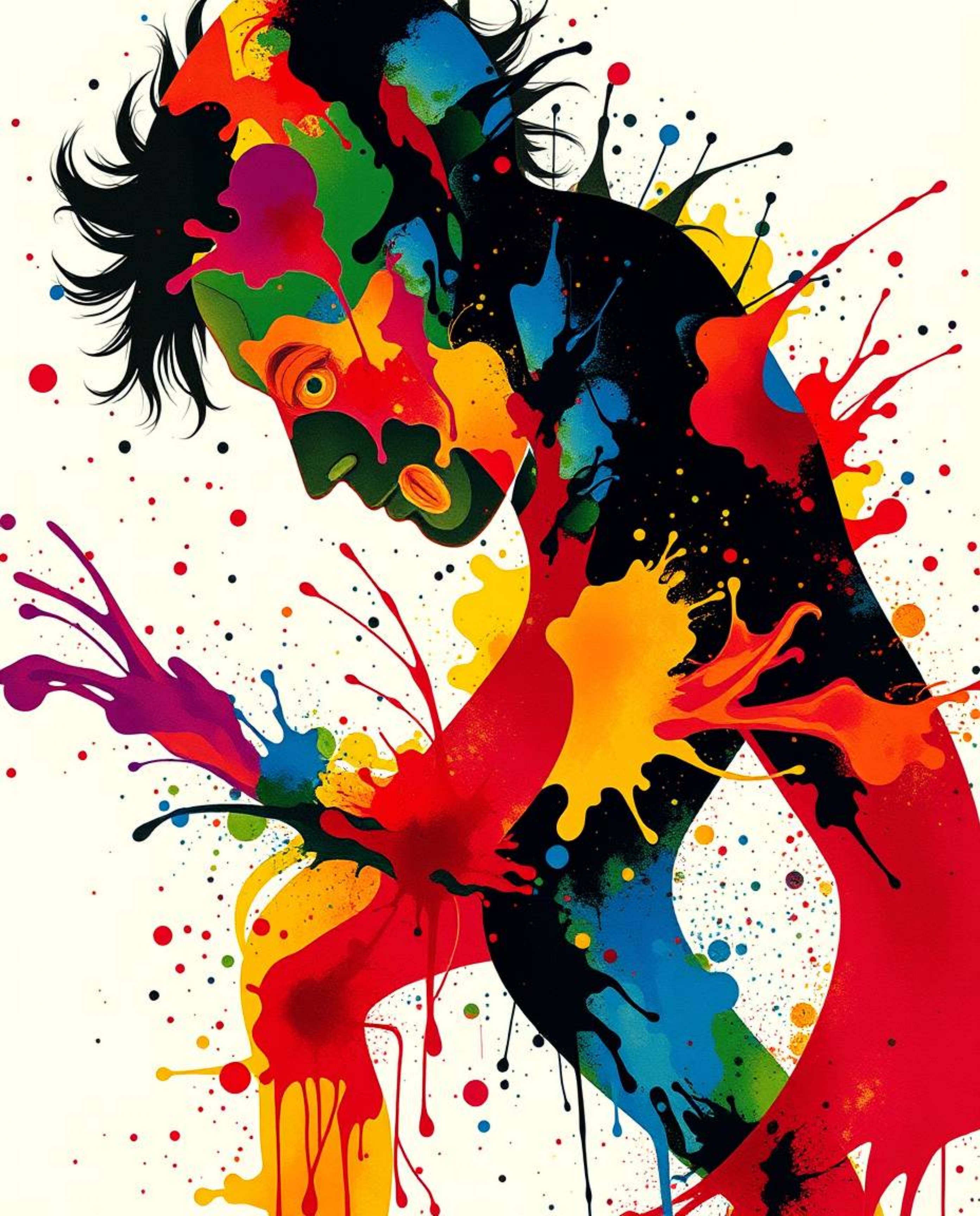 A captivating close-up showcases a modern art piece: a human silhouette intricately crafted from vibrant, colorful splashes. 
