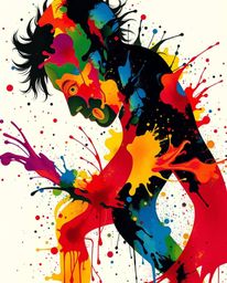 A captivating close-up showcases a modern art piece: a human silhouette intricately crafted from vibrant, colorful splashes. 