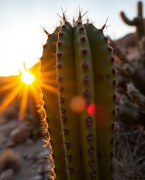 This is a precise architectural color photograph of a desert cactus, captured glowing in the last rays of the sun. The compos