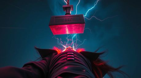 A captivating long exposure photograph from a bird's eye view depicts a dramatic scene: an anvil poised to fall upon a tricks