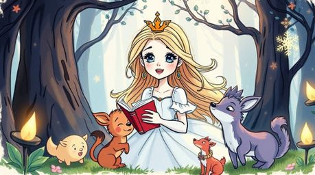 Immerse yourself in a hand-drawn color sketchnote depicting a princess with flowing hair and bright eyes, joyfully singing wi