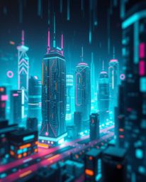 Explore a futuristic sci-fi world through glitchy digital landscapes, featuring distorted skyscrapers and mesmerizing static 