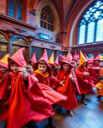 Immerse yourself in a dynamic motion blur photograph of a magical school brimming with young wizards. This vibrant image show
