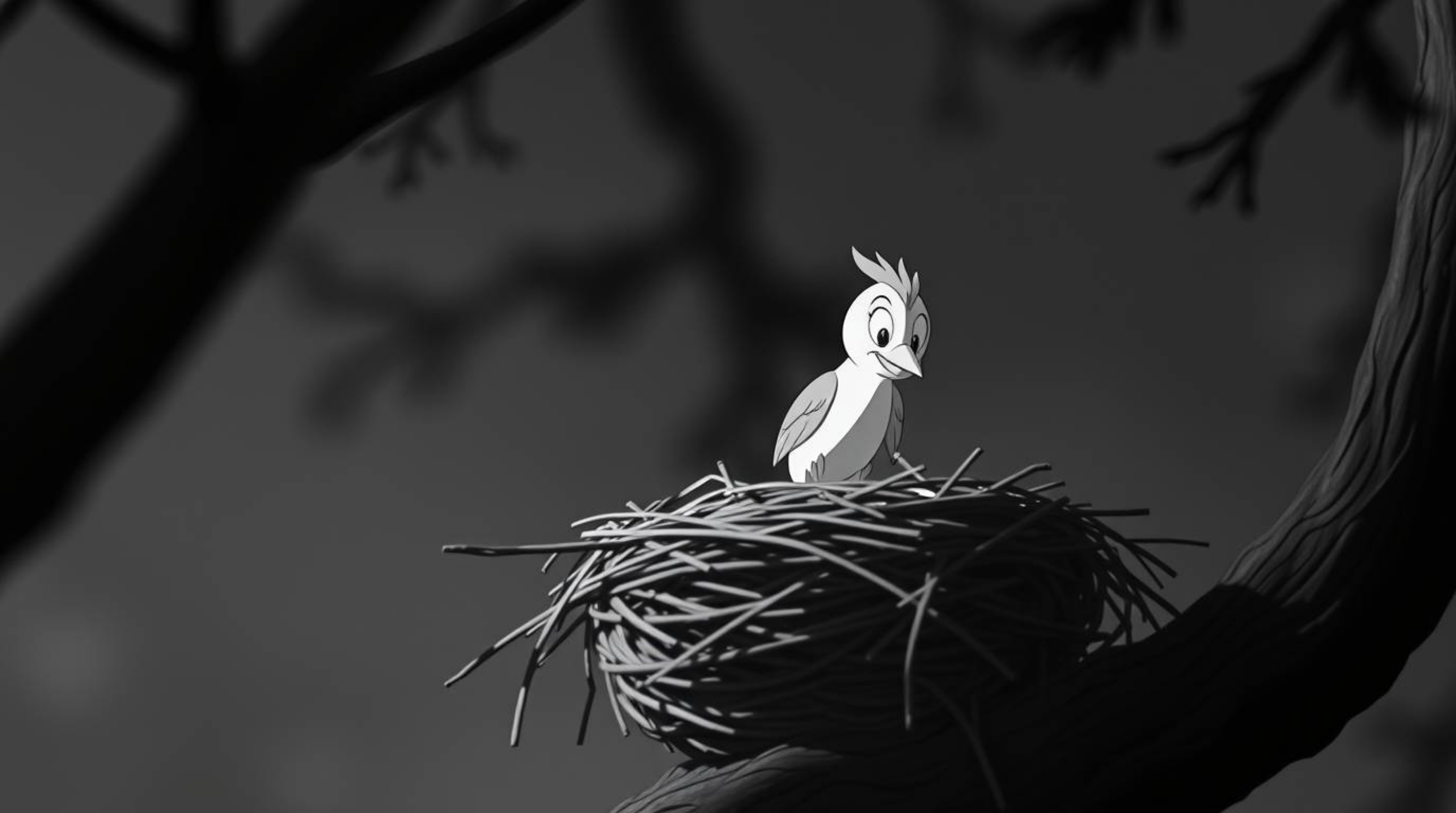 A captivating long exposure black and white photograph depicts two cartoon birds diligently constructing a nest in a classic