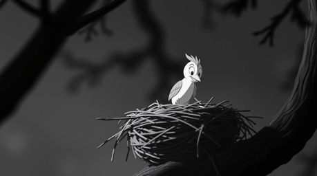 A captivating long exposure black and white photograph depicts two cartoon birds diligently constructing a nest in a classic