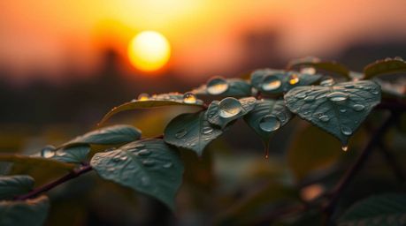 This fine art photograph captures the ethereal beauty of a sunset reflected in delicate raindrops clinging to leaves. The ima
