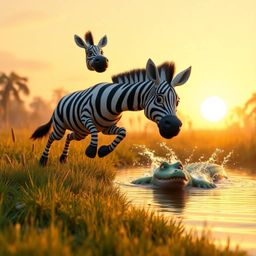 A heartwarming escape scene unfolds during the warm golden hour as a cute 3D cartoon zebra leaps from a jungle clearing. A fr