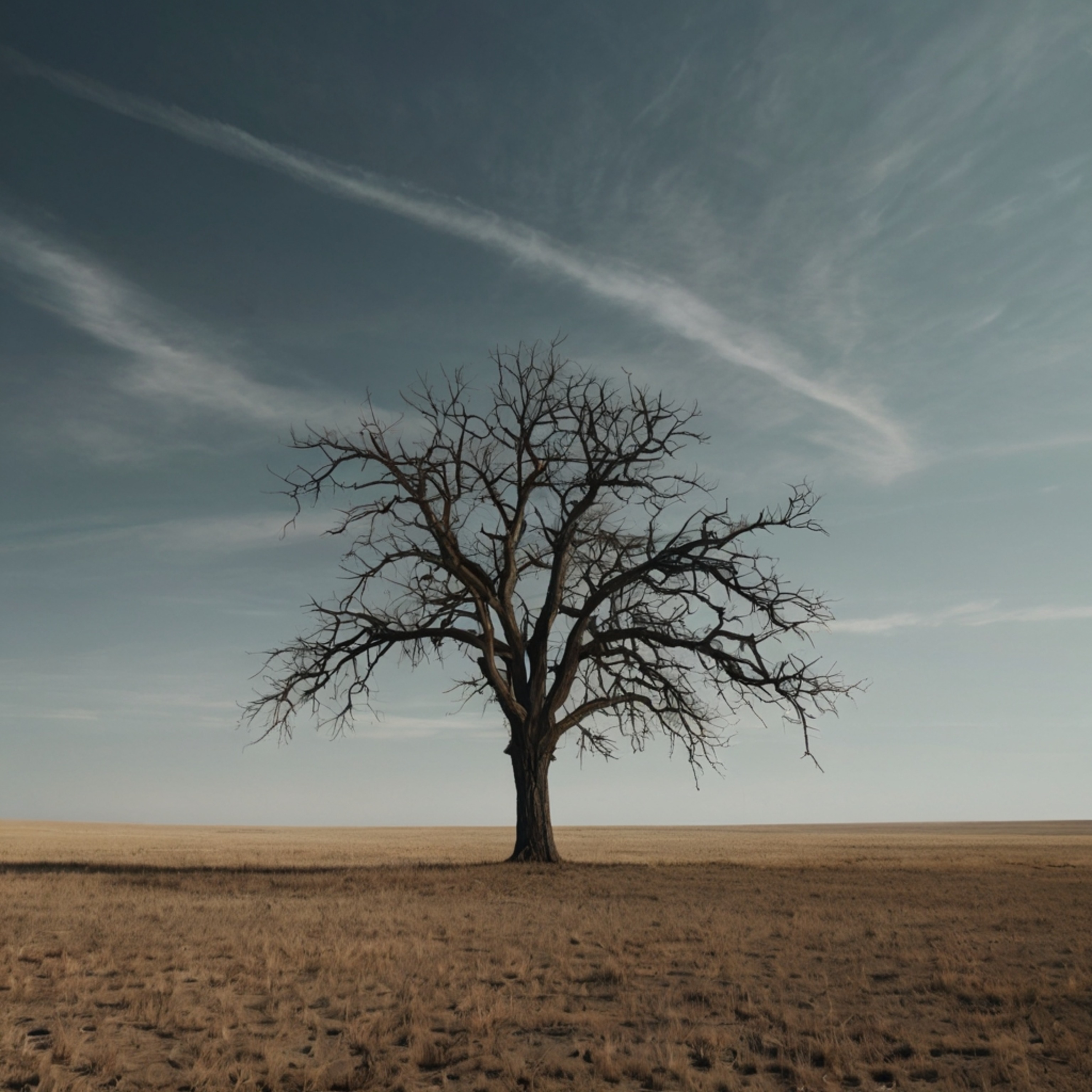 A minimalist sketch featuring a solitary tree in an expansive, barren field. The artwork utilizes bold strokes and prioritize