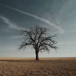 A minimalist sketch featuring a solitary tree in an expansive, barren field. The artwork utilizes bold strokes and prioritize