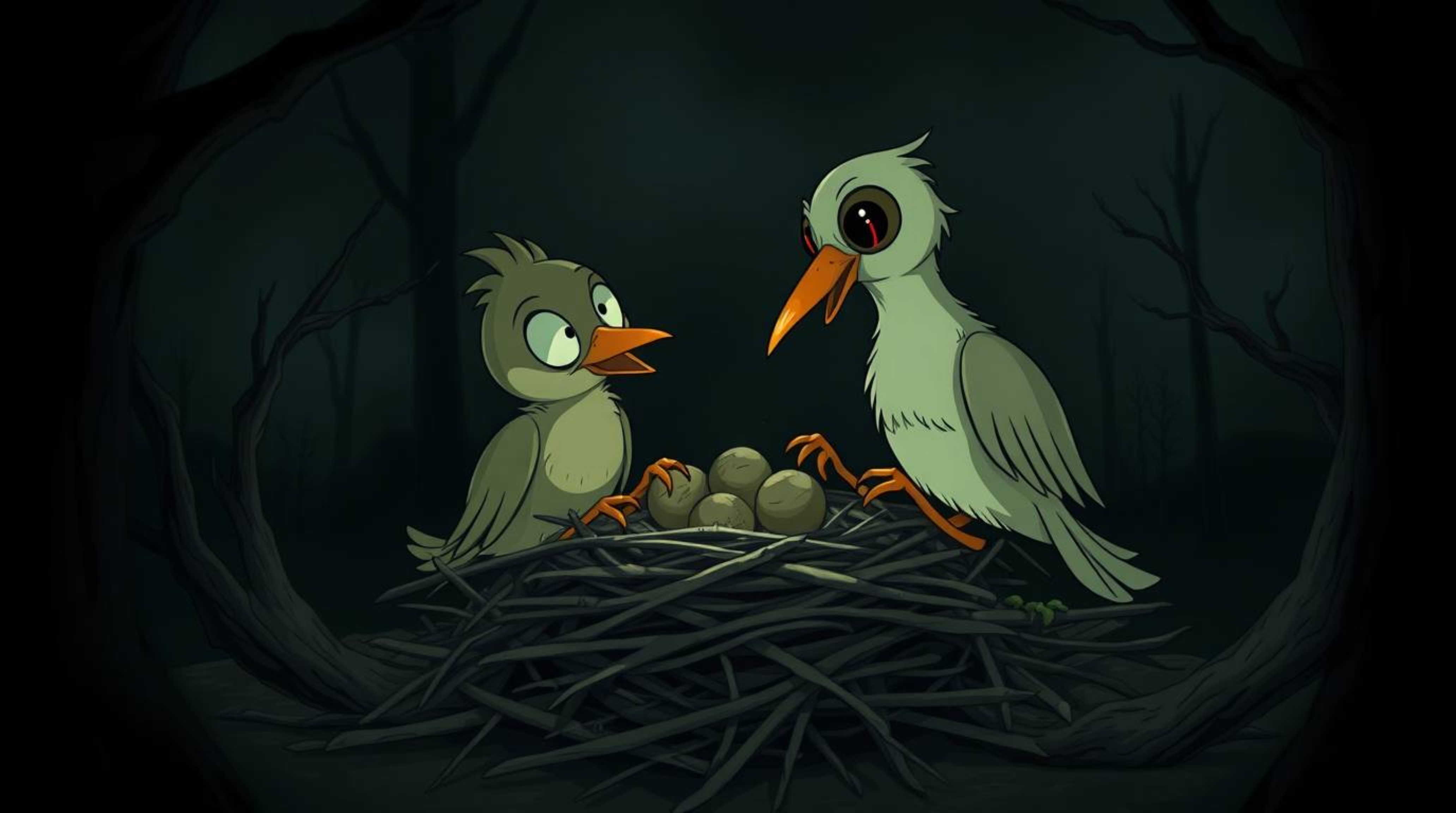 Experience the eerie atmosphere of two cartoon birds constructing a nest in a classic animation style. Dark tones and unsett