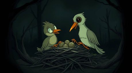 Experience the eerie atmosphere of two cartoon birds constructing a nest in a classic animation style. Dark tones and unsett
