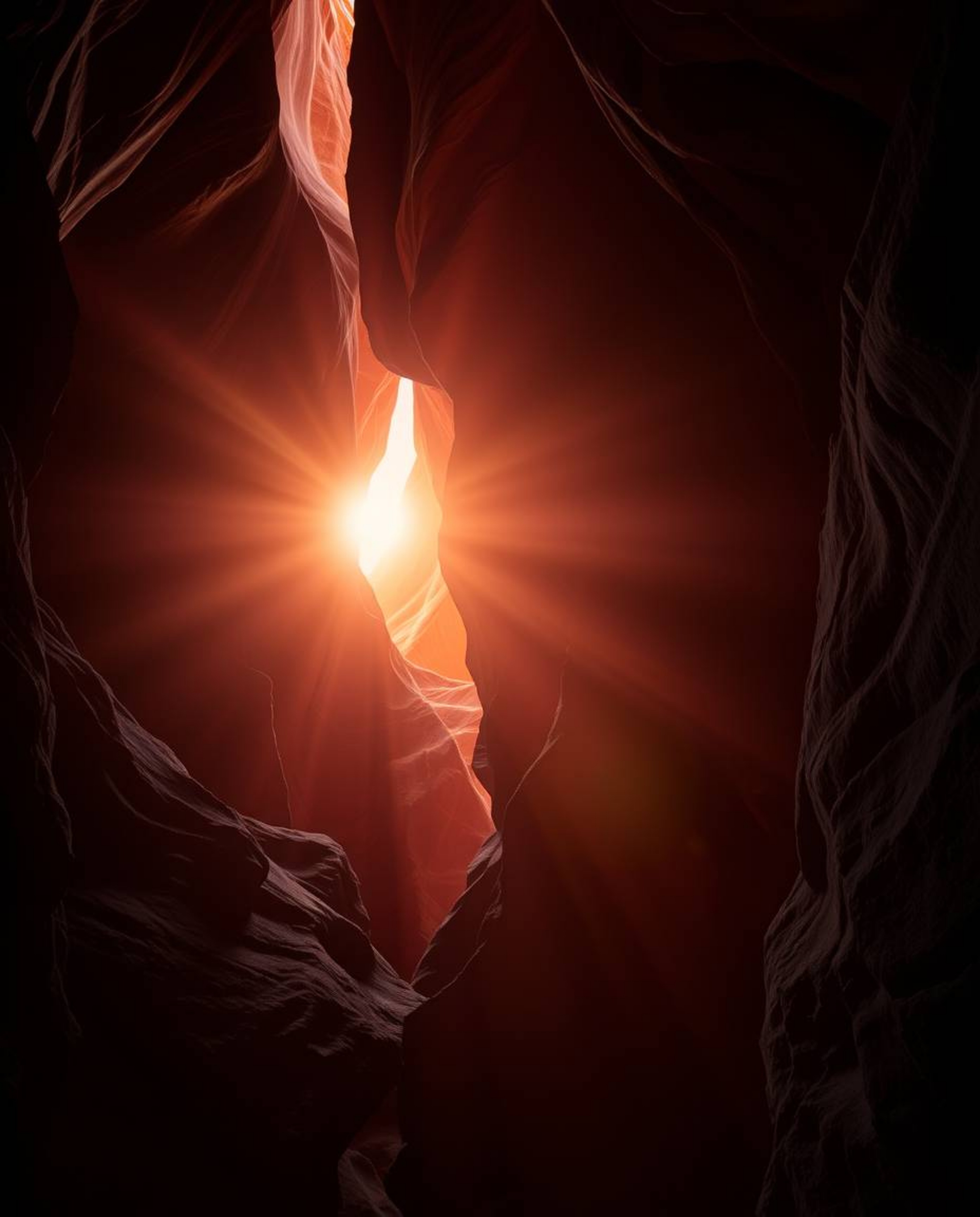 A dramatic and ethereal sunset illuminates sandstone cliffs in a canyon. The scene is defined by high-contrast lighting, a su