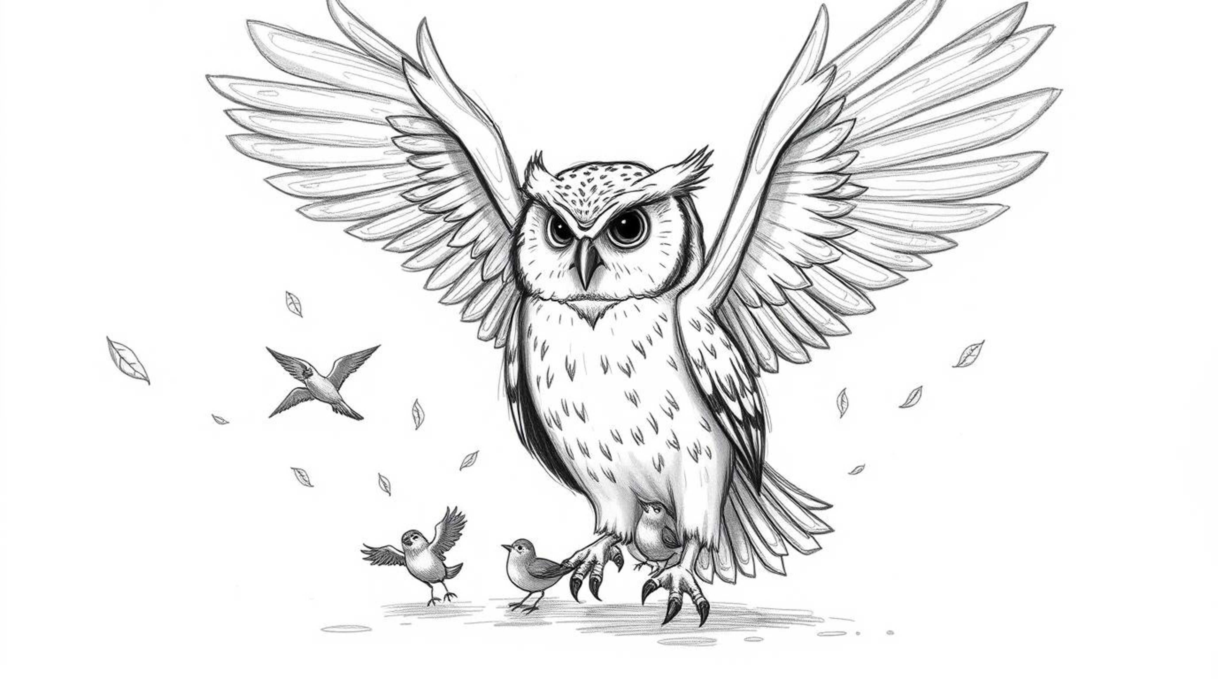A heartwarming Pixar-style sketch depicts a blind owl with large, feathery wings compassionately guiding a flock of small bir