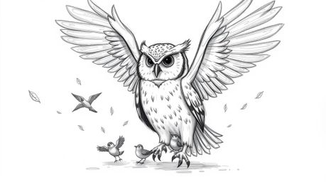 A heartwarming Pixar-style sketch depicts a blind owl with large, feathery wings compassionately guiding a flock of small bir
