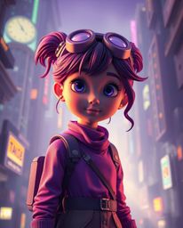 Discover a captivating image of a young inventor girl in a futuristic city, rendered in a stunning Pixar-like style with a sc