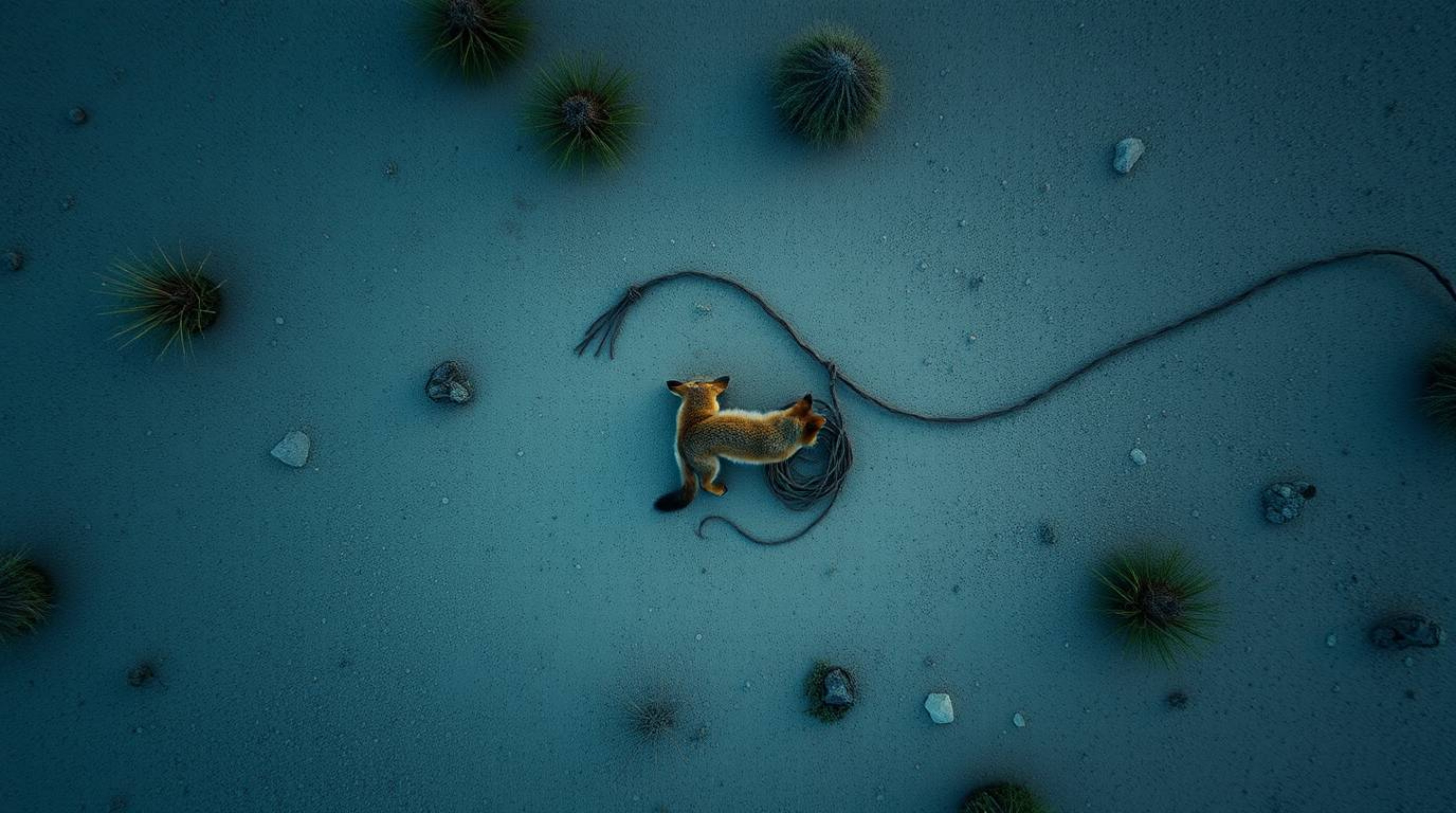 A cool-toned, bird's-eye view overhead shot captures a coyote in a desert landscape setting up a ridiculous and comical trap.