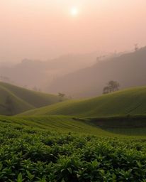 A high-resolution stock photo capturing a sunset over terraced tea plantations. This image features a soft, dreamy atmosphere