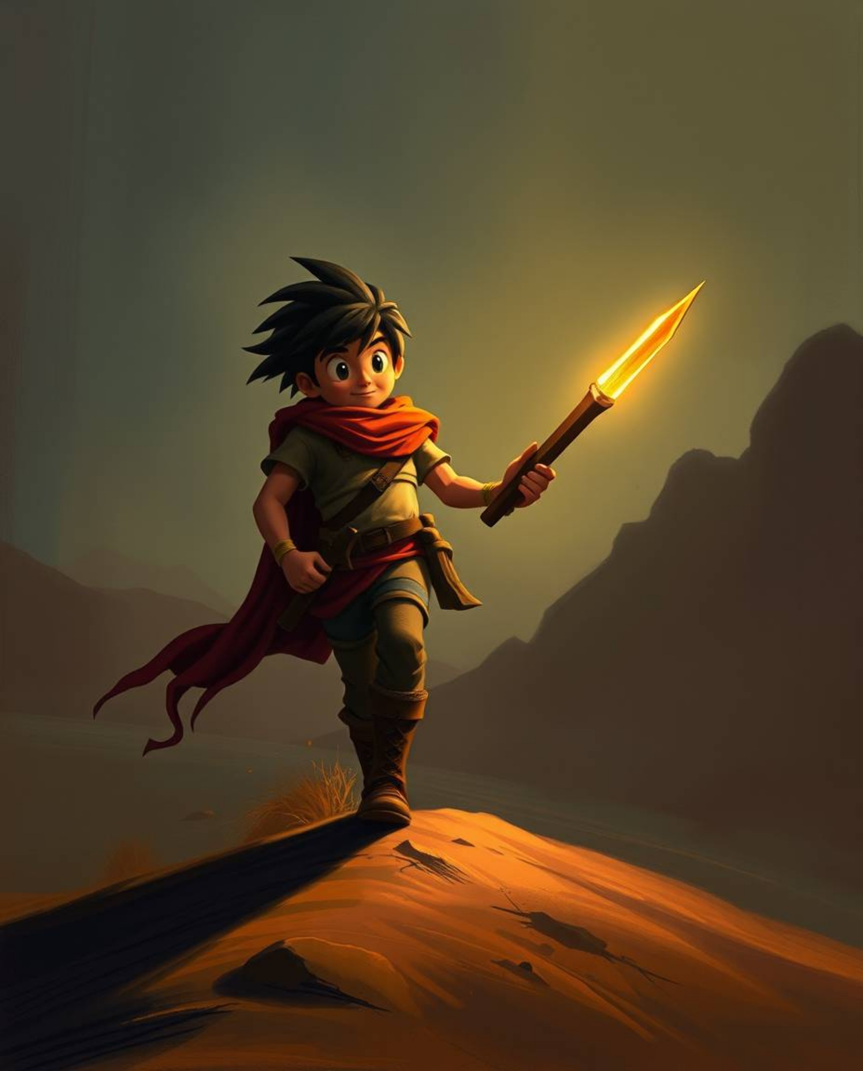 A captivating painting showcases a brave, Disney-esque hero embarking on a dramatic desert adventure. Rendered in a cinemati