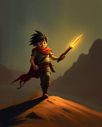 A captivating painting showcases a brave, Disney-esque hero embarking on a dramatic desert adventure.  Rendered in a cinemati