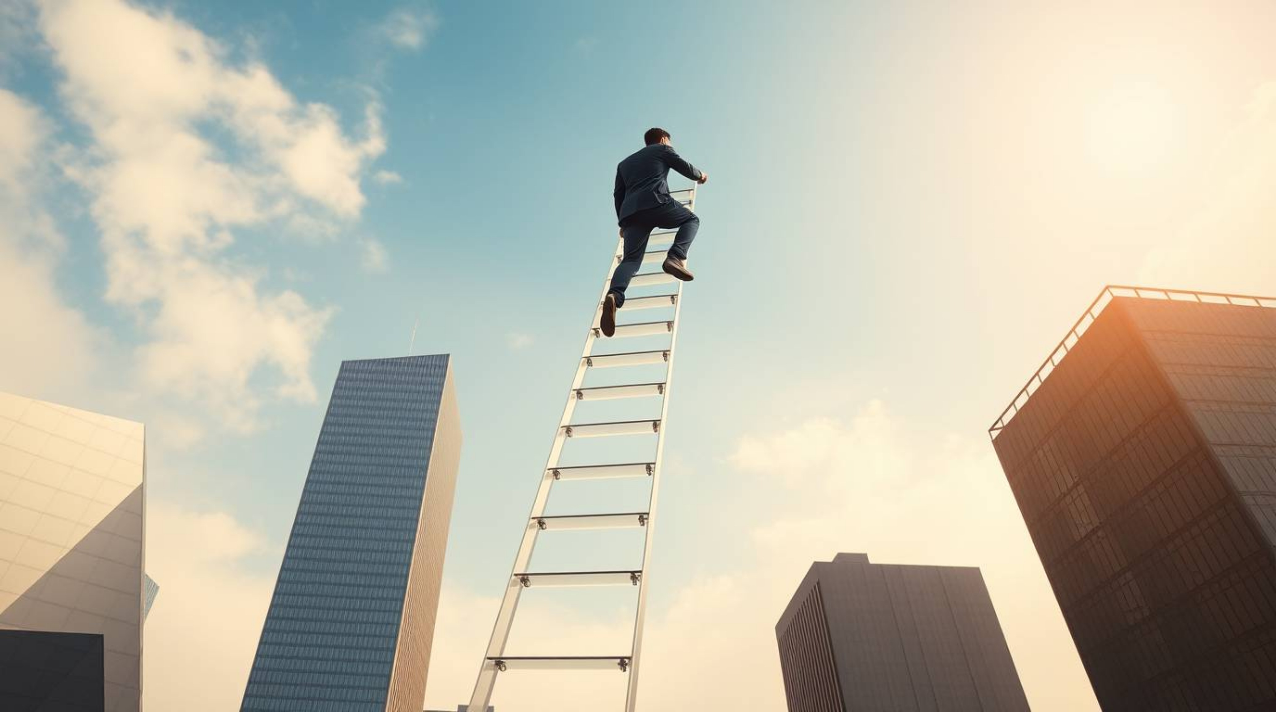 This image embodies an abstract concept of success, depicting a businessperson ascending a transparent ladder that seemingly 