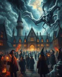 Explore a magical school teeming with young wizards, presented with intense dramatic weather and dreamlike surreal imagery. T