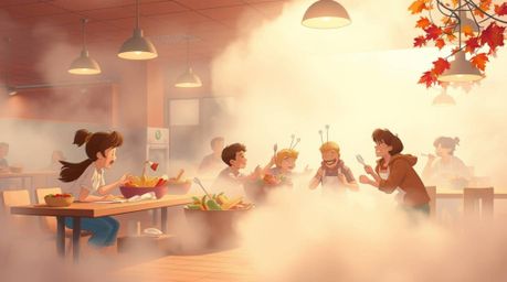 A high-resolution stock photo capturing the chaotic fun of a cartoon cafeteria food fight, veiled in a thick fog and rendered