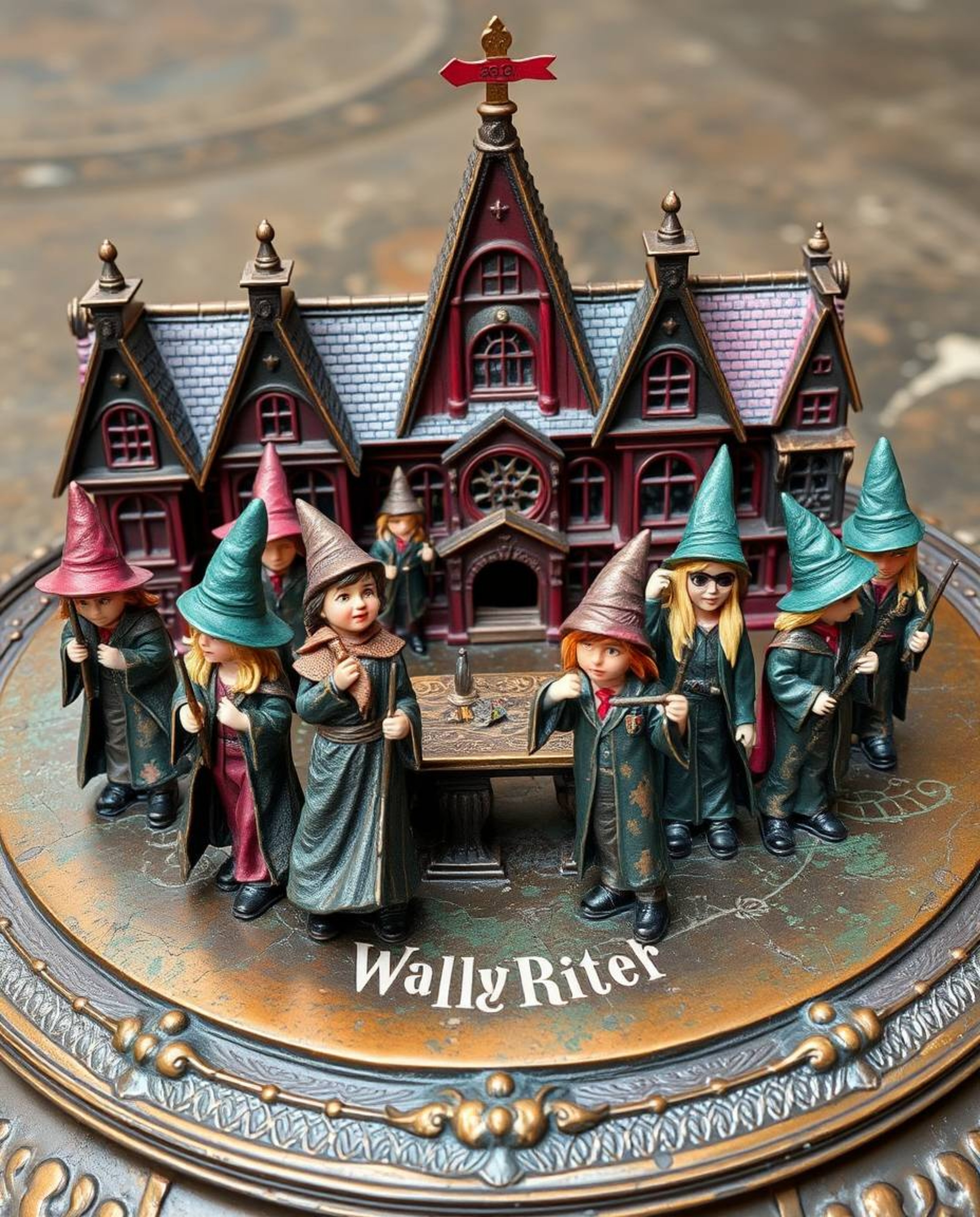 Imagine a magical school brimming with young wizards, beautifully rendered on a cast bronze surface. This artwork features a 