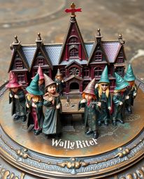 Imagine a magical school brimming with young wizards, beautifully rendered on a cast bronze surface. This artwork features a 