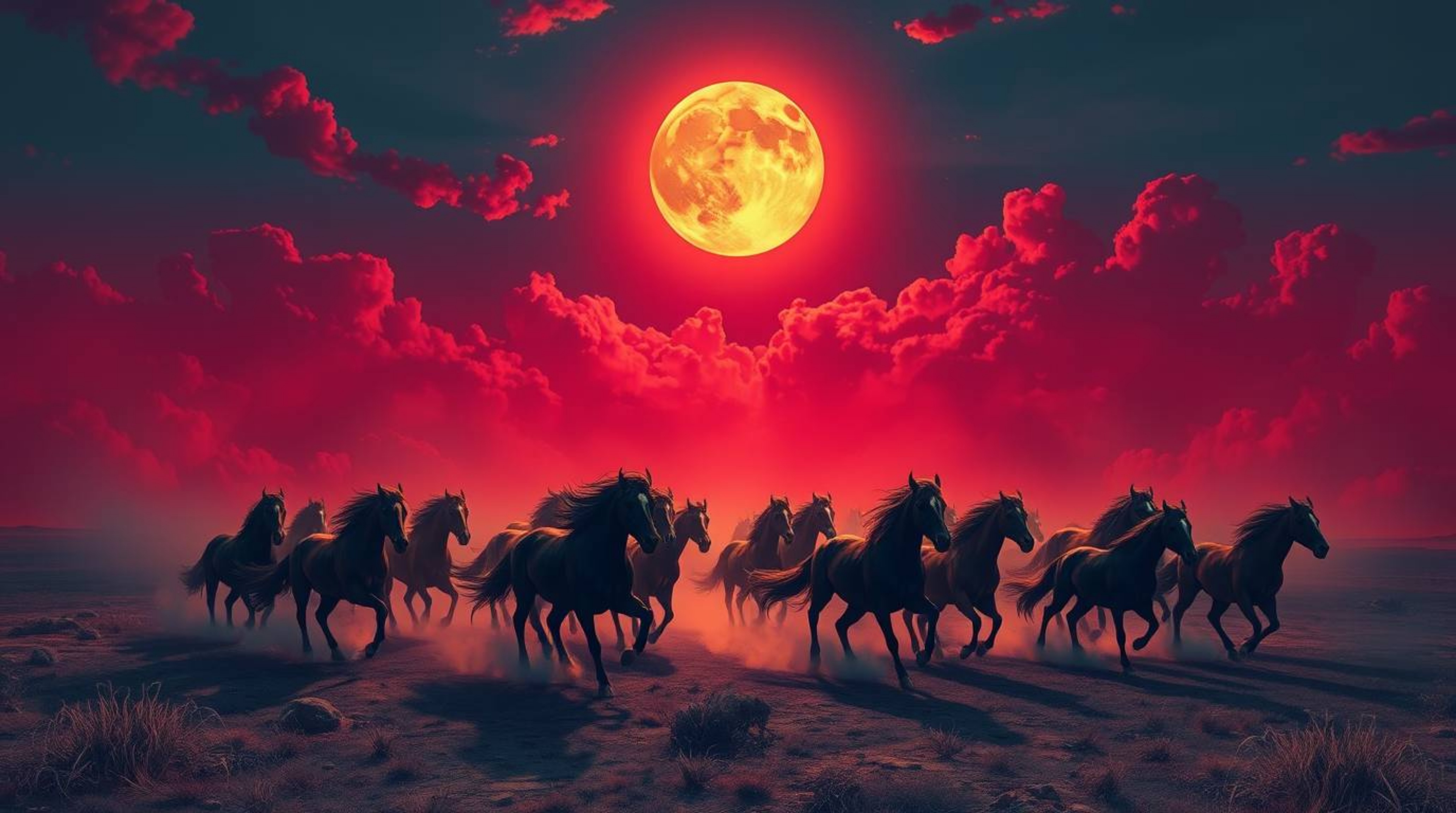 A captivating surreal image depicts a herd of wild horses thundering across a landscape beneath a vibrant, glowing sky.  Rend