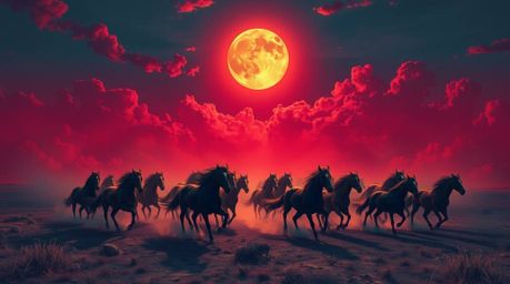 A captivating surreal image depicts a herd of wild horses thundering across a landscape beneath a vibrant, glowing sky.  Rend