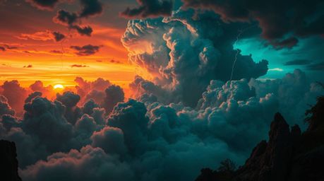 Experience a surreal and captivating scene where thunderstorm clouds are bathed in the warm glow of the setting sun, rendered