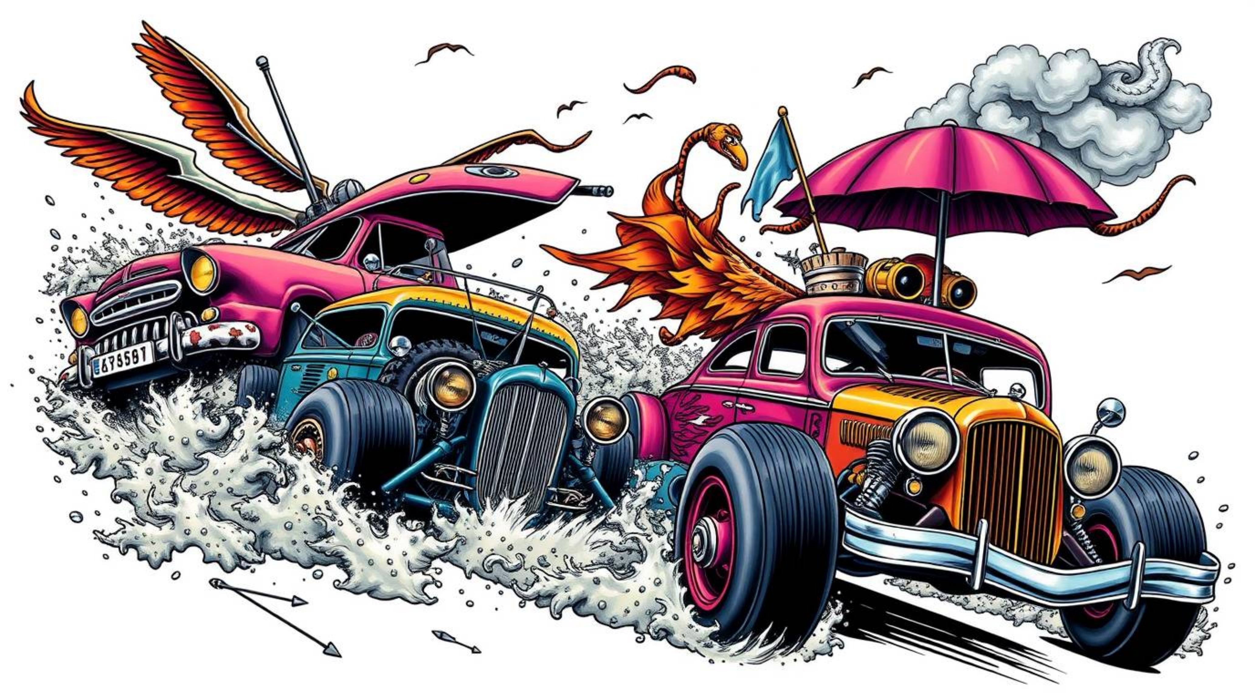 Immerse yourself in this intense and dramatic weather-inspired tattoo art print featuring a wacky racing scene.  Outlandish c