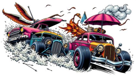 Immerse yourself in this intense and dramatic weather-inspired tattoo art print featuring a wacky racing scene.  Outlandish c