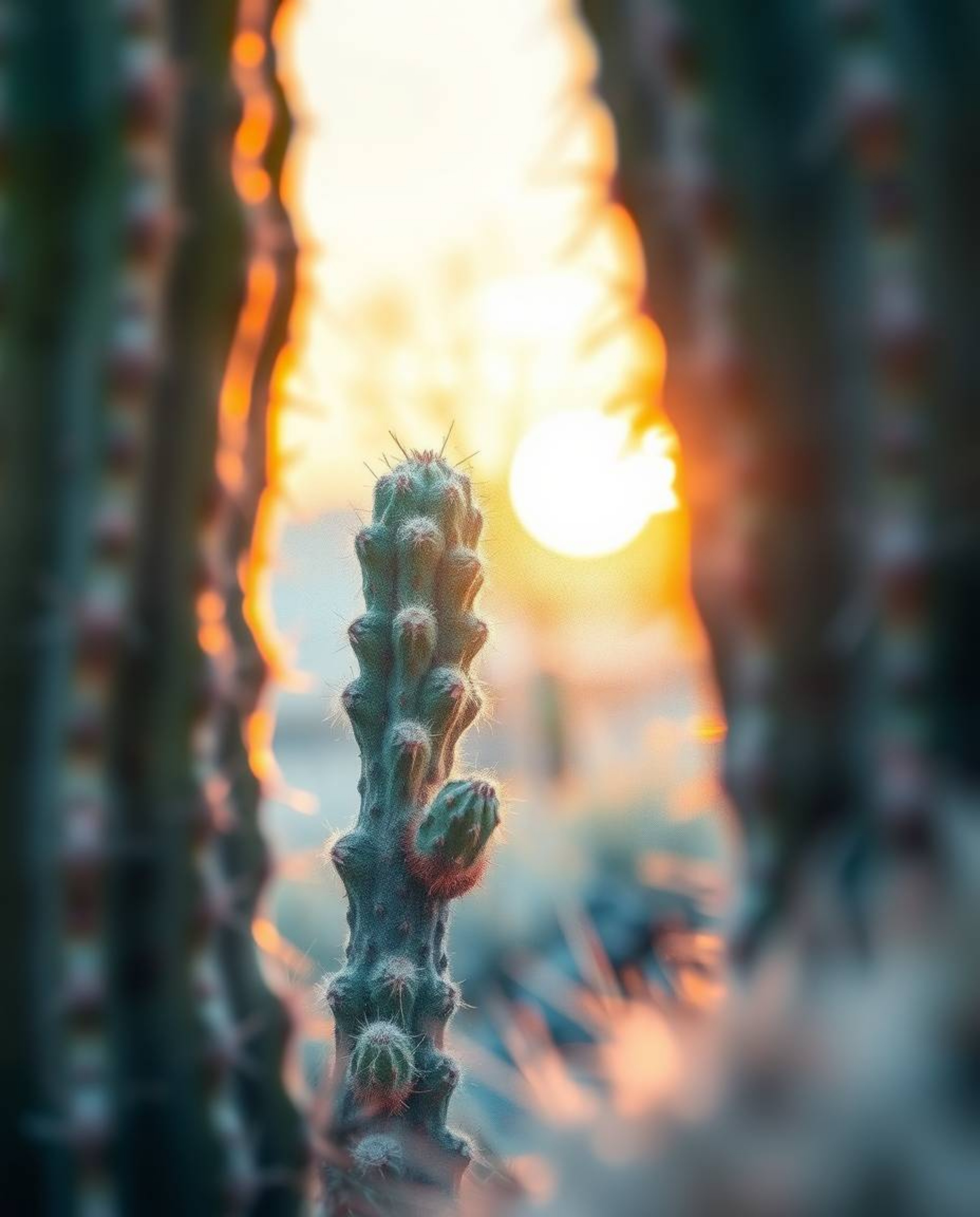 A delicate watercolor painting presented as a tight close-up shot of a desert cactus glowing in the last rays of the sun. The