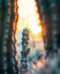A delicate watercolor painting presented as a tight close-up shot of a desert cactus glowing in the last rays of the sun. The