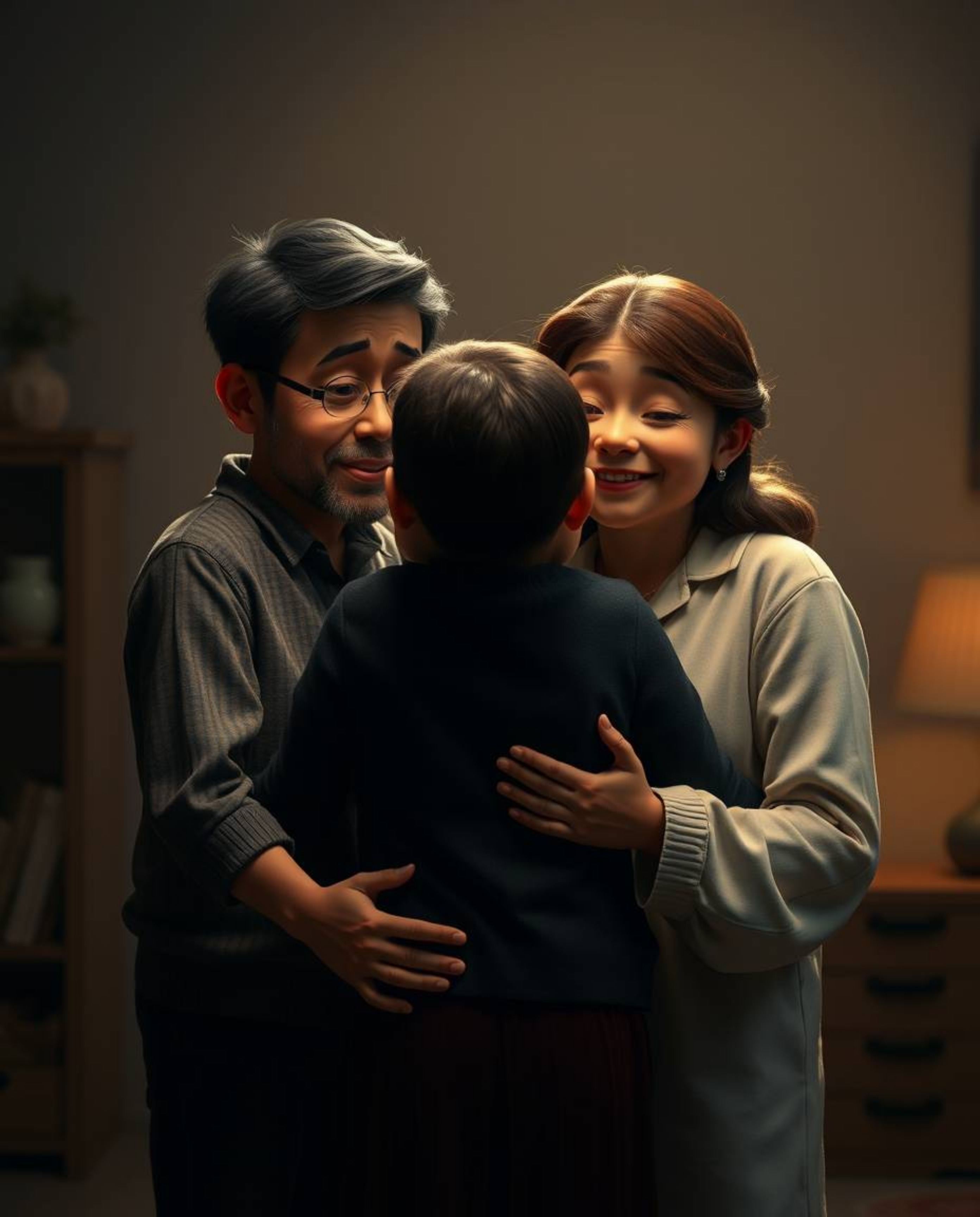 This high-resolution stock photo captures a heartfelt family reunion in a visually stunning Pixar-style setting. The image ut
